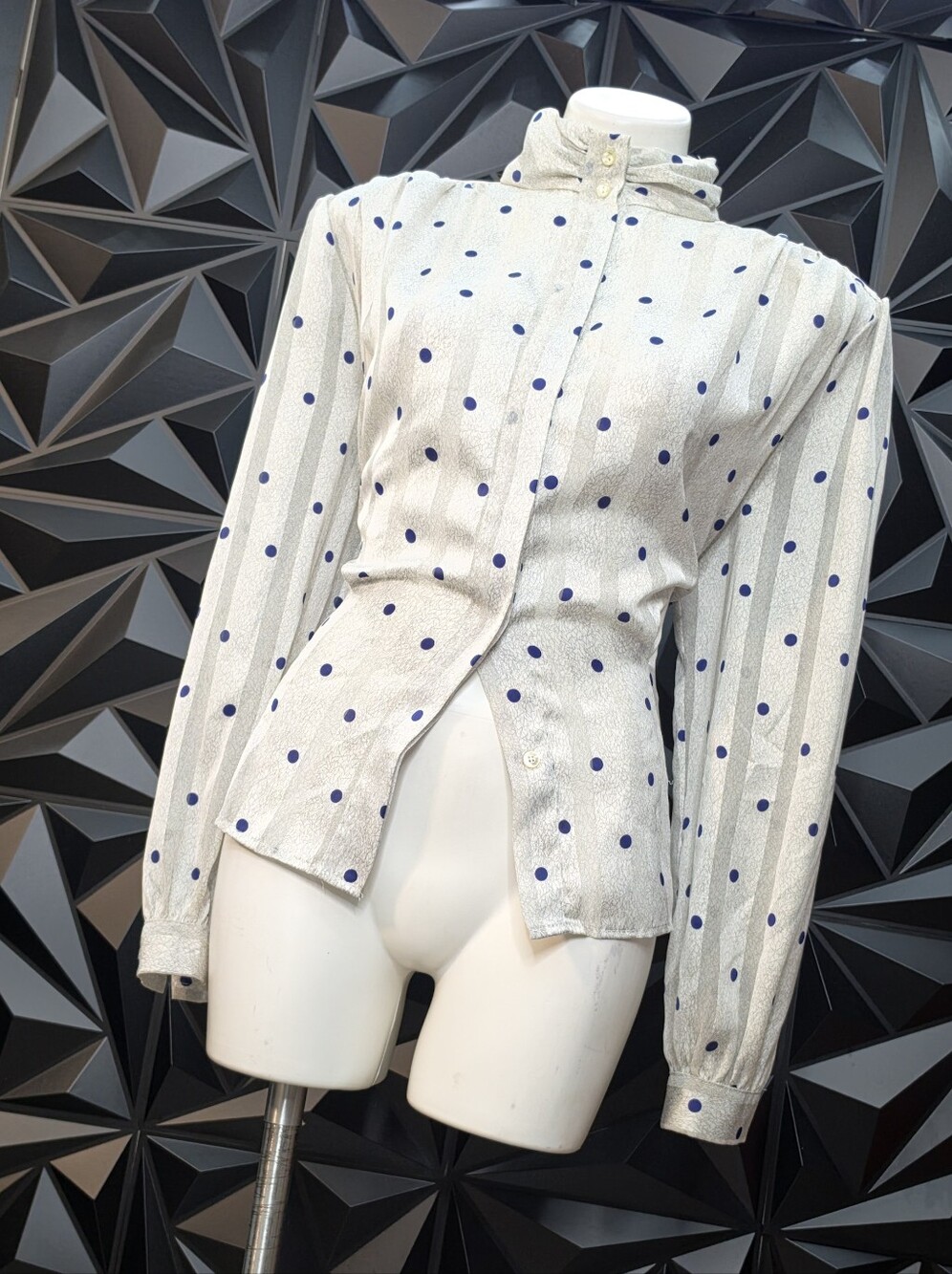 Polka Dot High-Neck Blouse - White with Navy Dots
